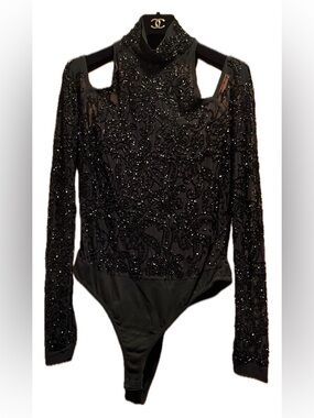 Donna Karan Black Beaded Lace Long-Sleeve Bodysuit
